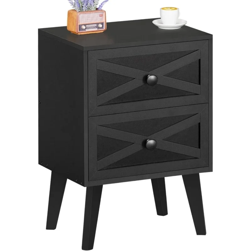 Black Two-Drawer Barn Door Mid-Century Modern Nightstand with Storage