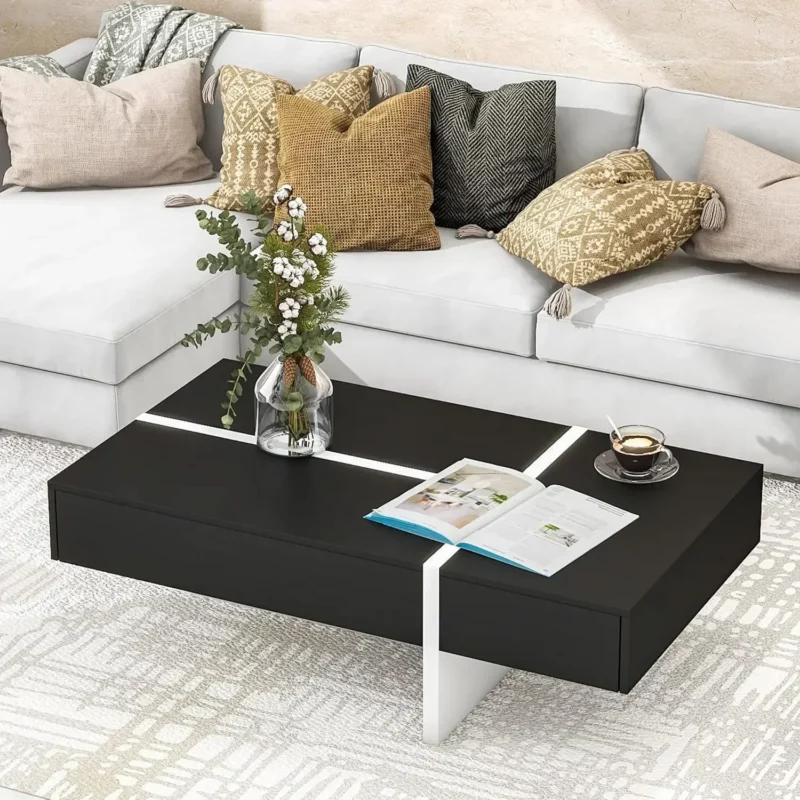 Rectangular Modern Coffee Table with Storage Drawer and T-Shaped Base - Image 7