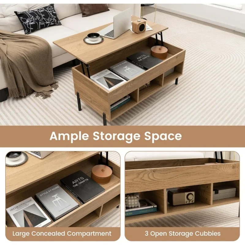 Rectangular Wooden Lift Top Coffee Table with Hidden Storage Compartment - Image 6