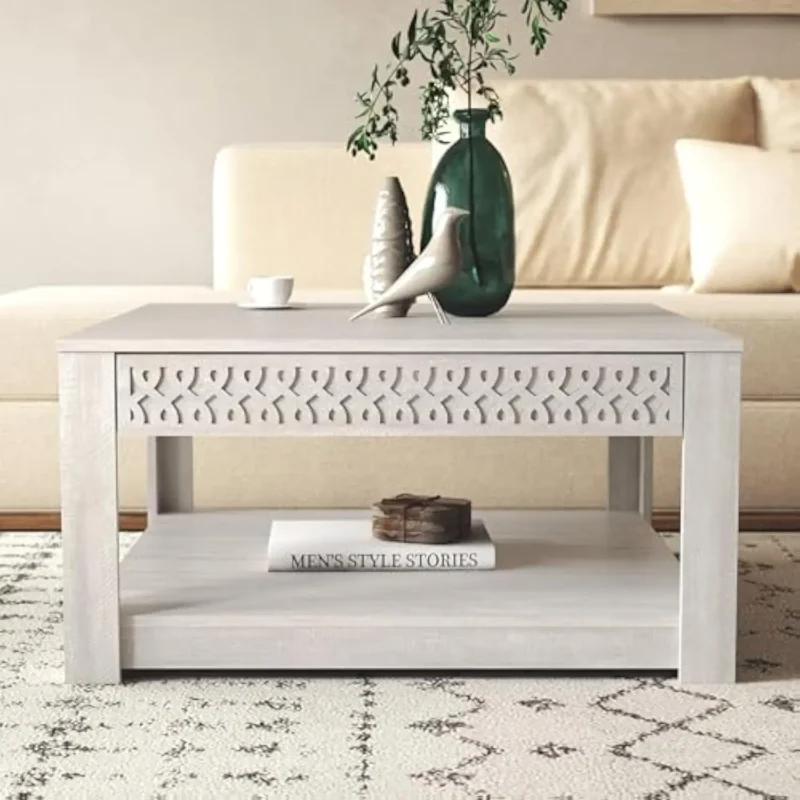 Square Walnut Wood Mid-Century Modern Coffee Table with Storage Drawer - Image 2
