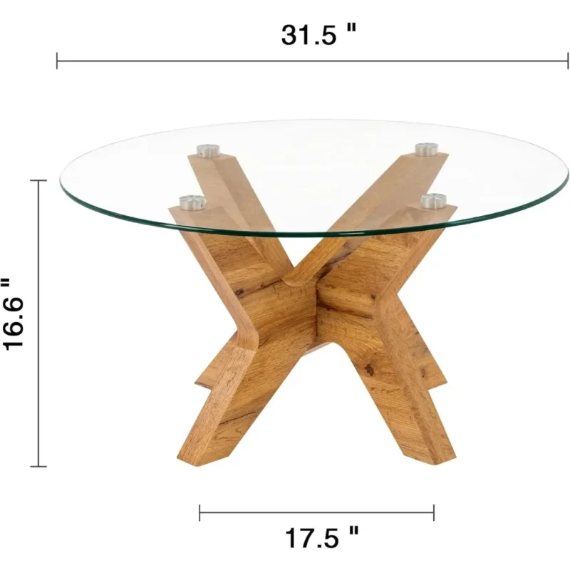 Round Tempered Glass Mid-Century Modern Coffee Table with Wooden Base - Image 2