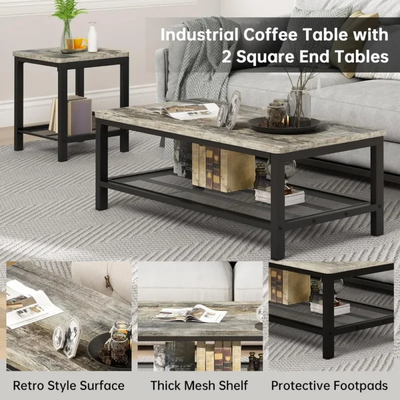 Nested Square Coffee Table Set with 2 Side Tables Modern Industrial Metal Frame - Image 6
