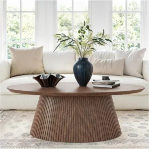Oval Walnut Fluted Mid-Century Modern Coffee Table with Wood Grain Veneer