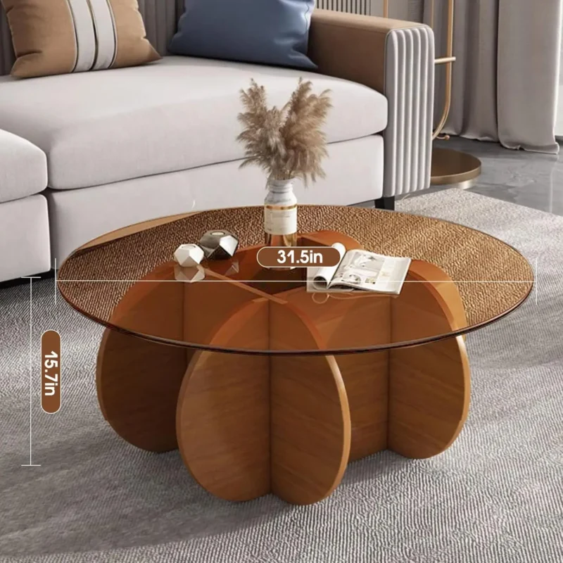Round Glass Top Mid-Century Modern Coffee Table with Walnut Wood Legs - Image 6