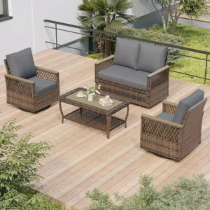 4-Piece Rattan Patio Conversation Set with Swivel Glider Chairs, Loveseat and Coffee Table