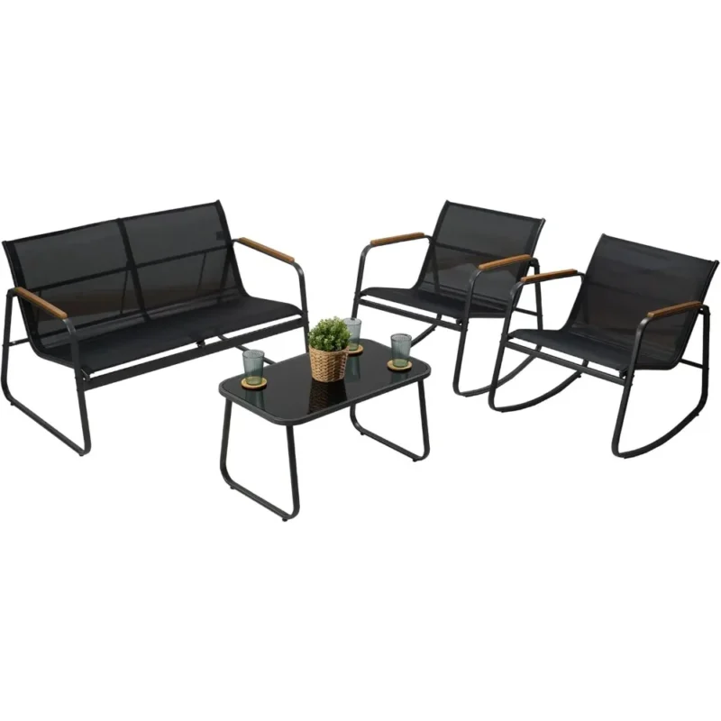 4-Piece Outdoor Conversation Set with Cushioned Chairs and Tempered Glass Coffee Table