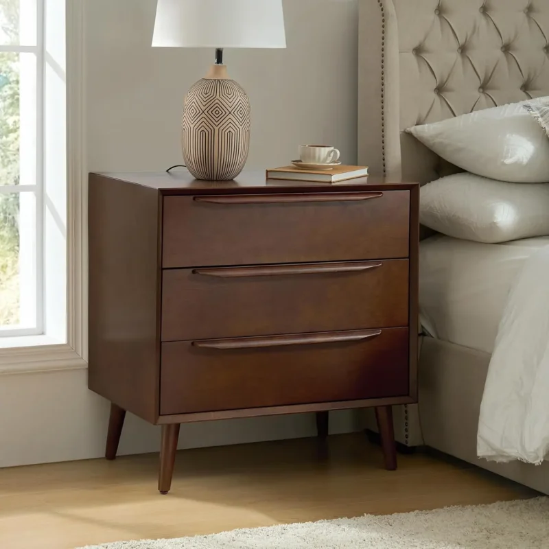 Walnut Wood Mid-Century Modern 3-Drawer Nightstand Set with Charging Station - Image 10