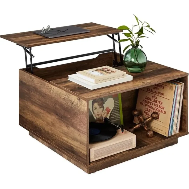 Square Lift Top Wood Coffee Table with Hidden Storage Modern Rustic
