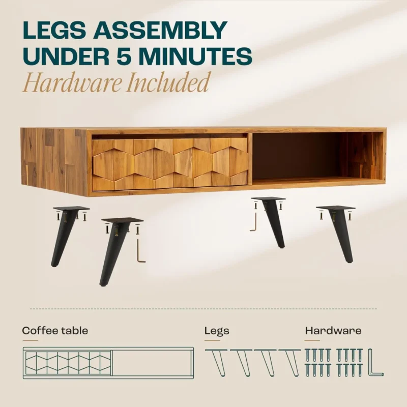 Rectangular Solid Wood Mid-Century Modern Coffee Table with Storage Shelf - Image 5