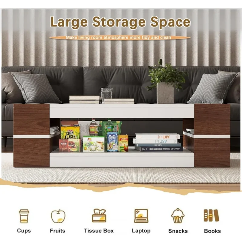 Rectangular Walnut Glass Top Mid-Century Modern Coffee Table with Storage Shelf - Image 4