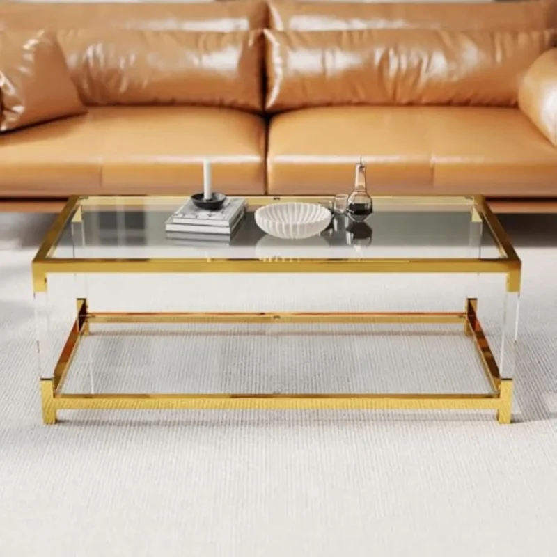 Rectangular Glass Coffee Table with Gold Steel Base and Acrylic Legs Mid-Century Modern - Image 3