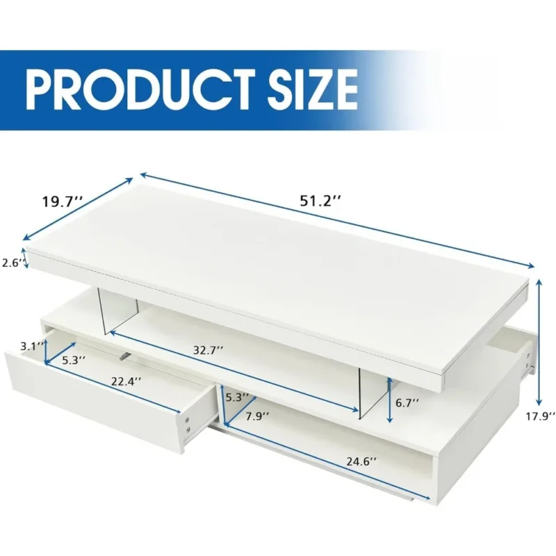 Rectangular White High Gloss LED Coffee Table with Storage Drawer - Image 2
