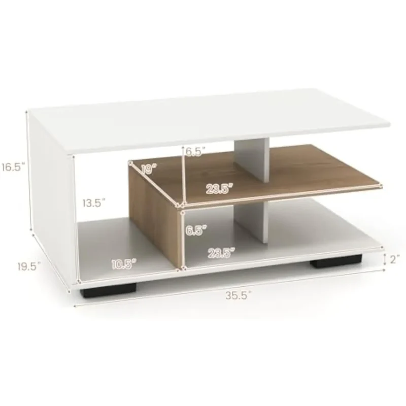 Rectangular Wooden Modern 3-Tier Coffee Table with L-Shaped Storage Shelves - Image 2
