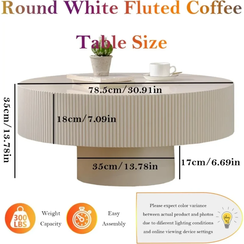 Round Fluted Wood Mid-Century Modern Drum Coffee Table with Embossed Edge - Image 2