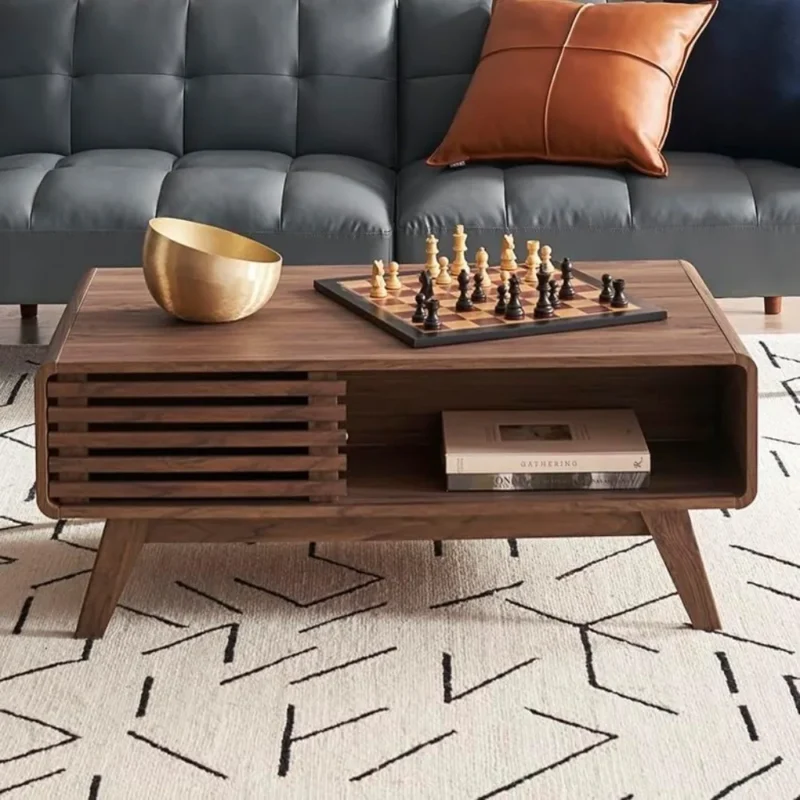 Rectangular Fluted Walnut Mid-Century Modern Coffee Table with Storage