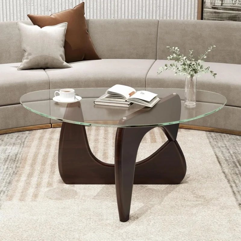 Oval Tempered Glass Mid-Century Modern Coffee Table with Rubber Wood Base - Image 8