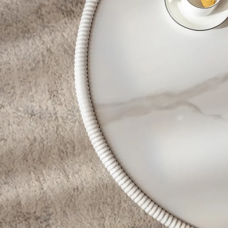 Round White Wood Mid-Century Modern Coffee Table with Textured Detail - Image 6