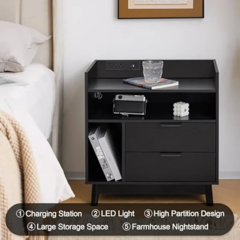 Black Mid-Century Modern Nightstands Set of 2 with LED Charging Station & Drawers - Image 4