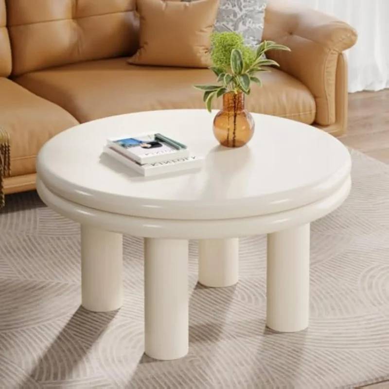 Round Cream White Mid-Century Modern Coffee Table with Tapered Legs - Image 5