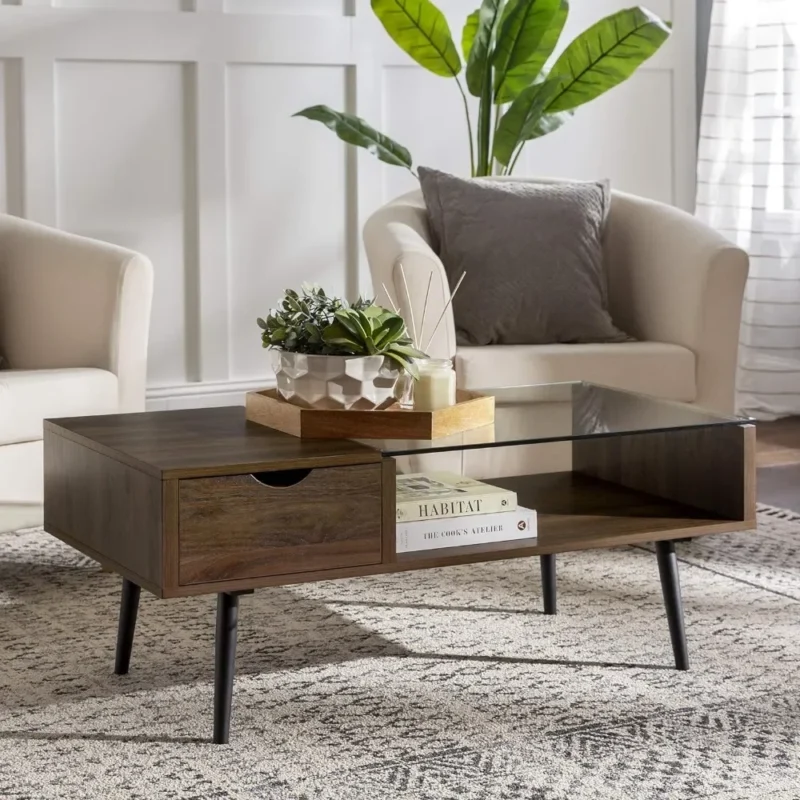 Rectangular Glass Top Mid-Century Modern Coffee Table with Dark Walnut Base - Image 2