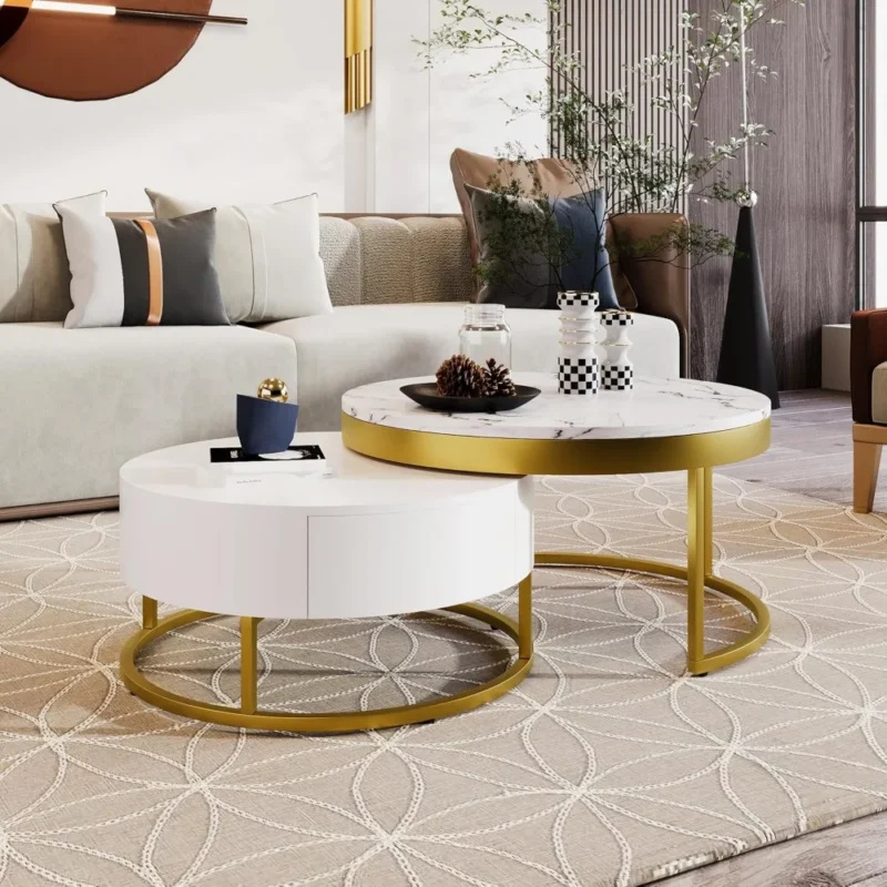 Round Nesting White Coffee Table Set with Storage Drawers - Image 3