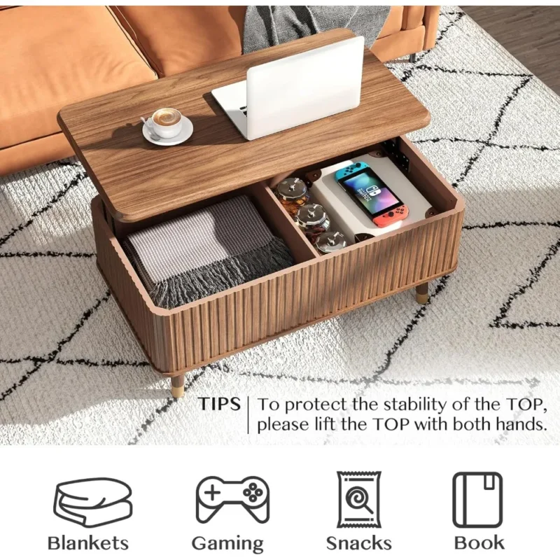 Rectangular Walnut Wood Mid-Century Modern Lift Top Coffee Table with Hidden Storage - Image 3