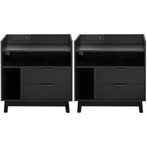 Black Mid-Century Modern Nightstands Set of 2 with LED Charging Station & Drawers