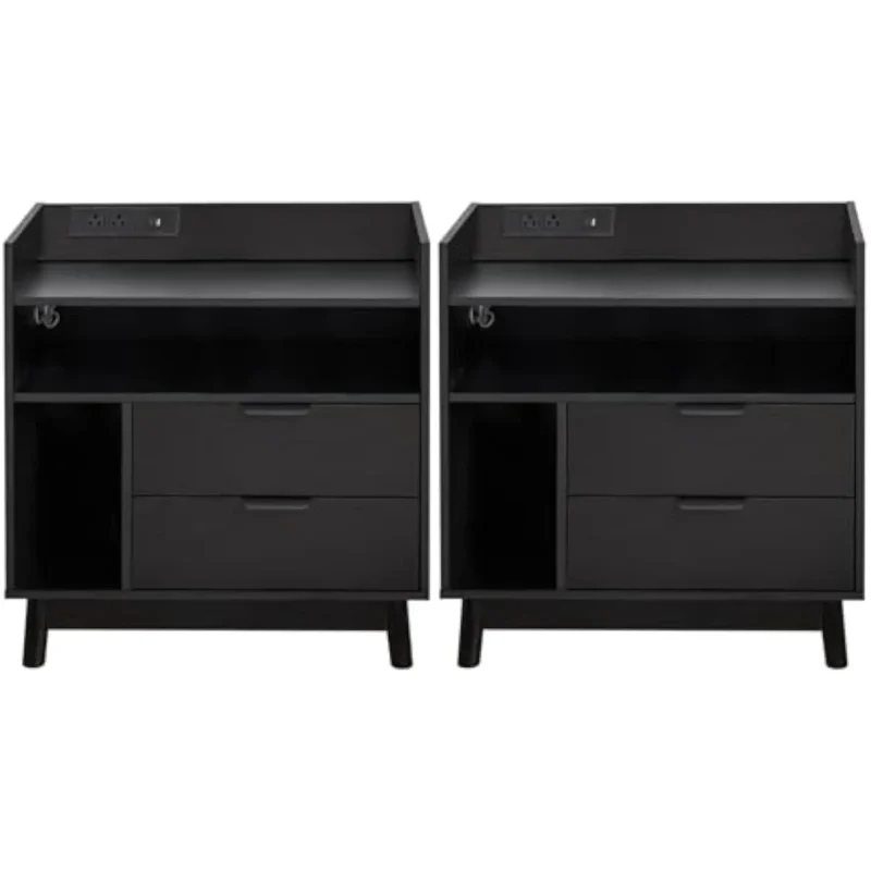 Black Mid-Century Modern Nightstands Set of 2 with LED Charging Station & Drawers