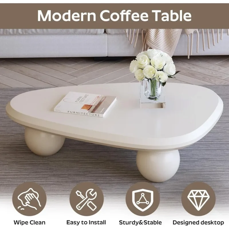 Curved Organic White Coffee Table with Round Legs Mid-Century Modern Design - Image 5