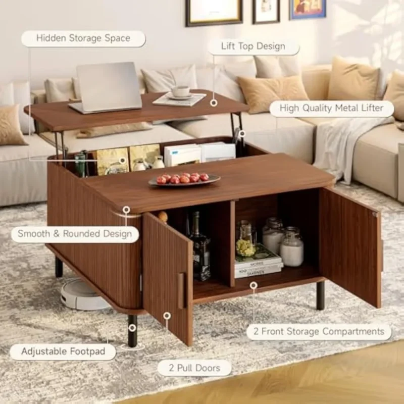 Square Wooden Lift Top Mid-Century Modern Coffee Table with Hidden Storage - Image 5