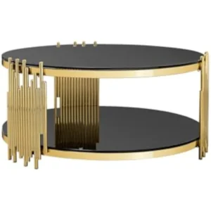 Round Black Glass Two-Tier Mid-Century Modern Coffee Table with Gold Frame