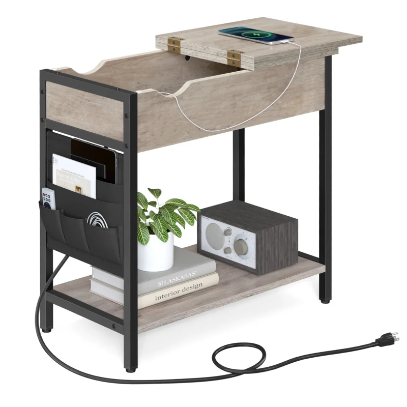 Modern Rectangular Wooden End Table with USB Charging Station and Storage Baskets - Image 8