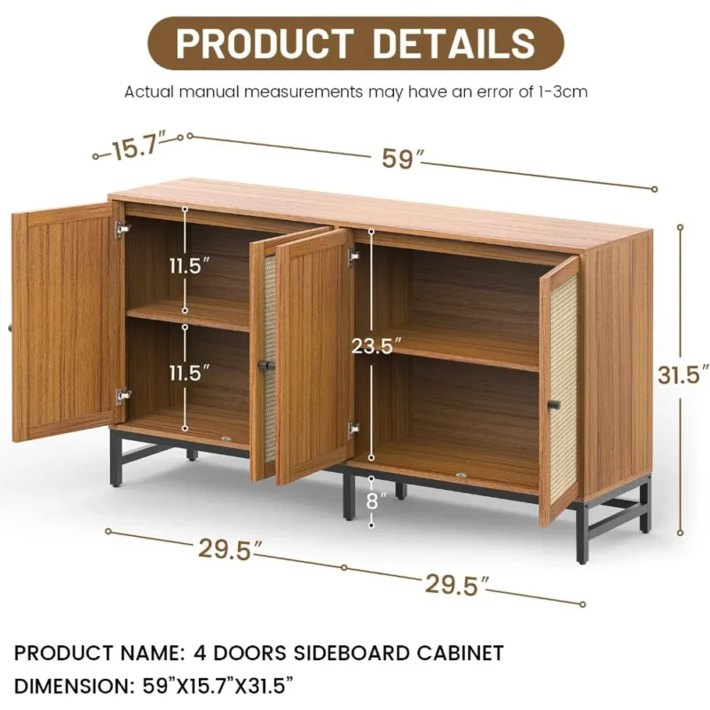 Walnut Rattan Mid-Century Modern Sideboard Cabinet with 4 Doors - Image 2