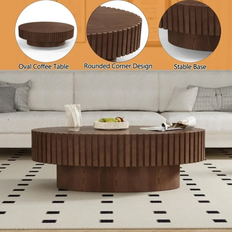 Oval Fluted Engineered Wood Mid-Century Modern Coffee Table with Pedestal Base - Image 5