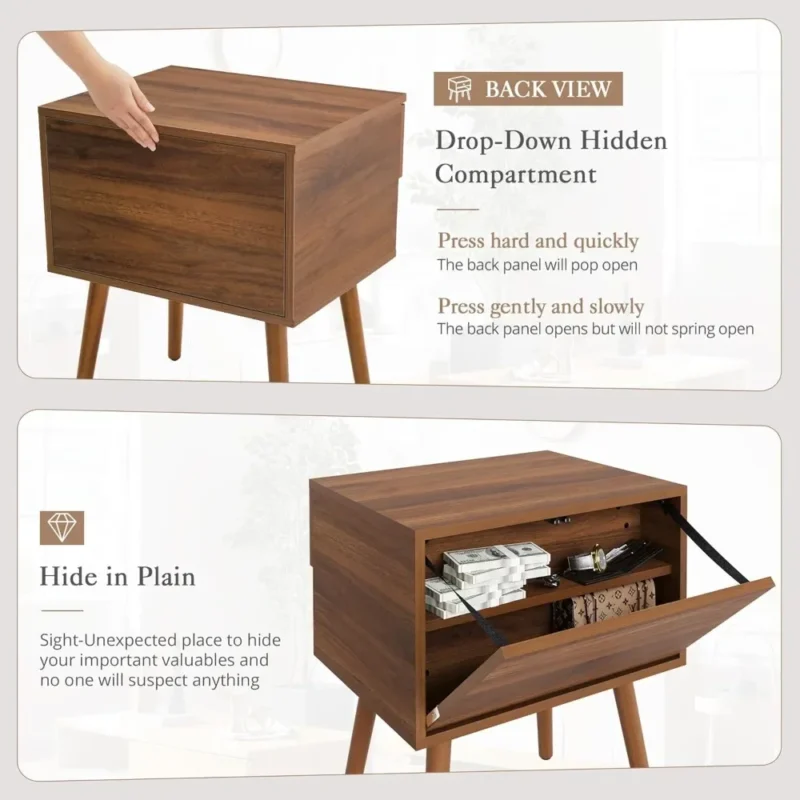 Wooden Set of 2 Mid-Century Modern Nightstands with Hidden Storage and Drawer - Image 4
