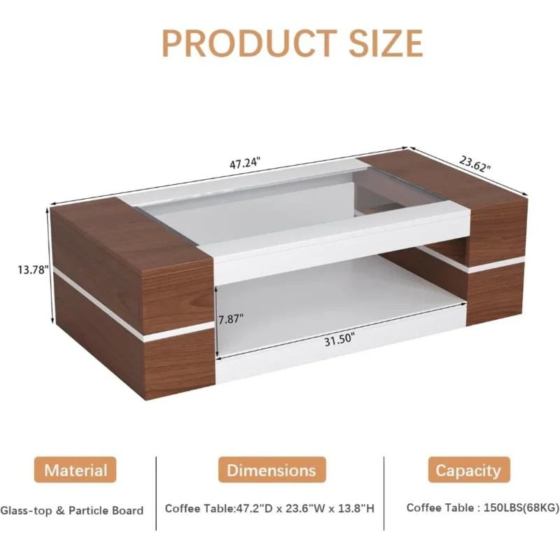 Rectangular Walnut Glass Top Mid-Century Modern Coffee Table with Storage Shelf - Image 2