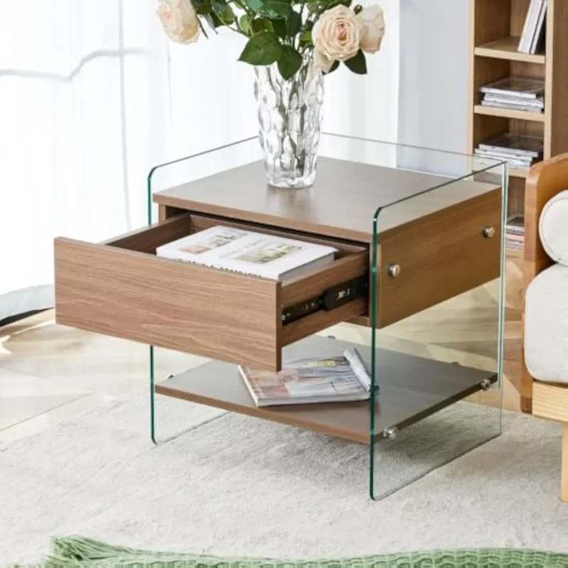 Round Glass Mid-Century Modern Coffee Table with Storage Drawer