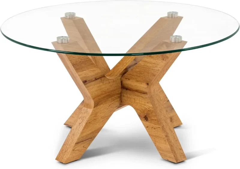 Round Tempered Glass Mid-Century Modern Coffee Table with Wooden Base - Image 8