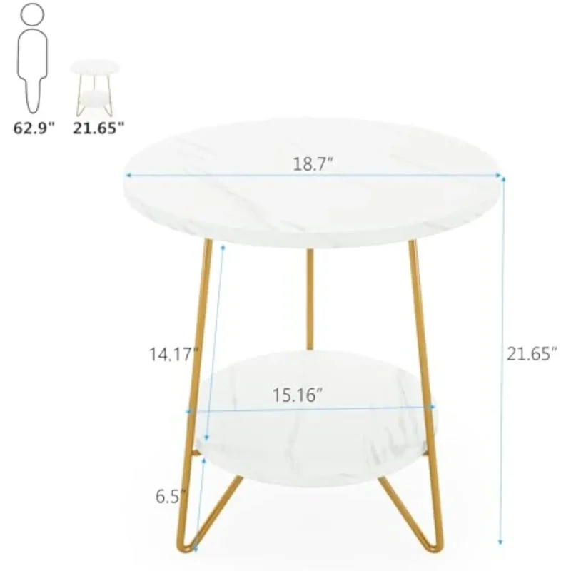 Round Faux Marble Two-Tier Mid-Century Modern Side Table with Gold Base - Image 2