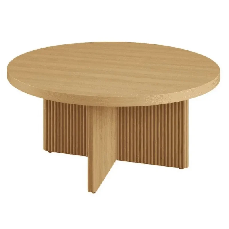 Round Fluted Pine Wood Mid-Century Modern Coffee Table with Art Deco Influence - Image 5