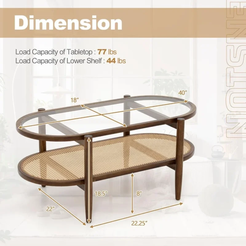 Oval Acacia Wood Mid-Century Modern Coffee Table with Glass Top and Rattan Storage Shelf - Image 2