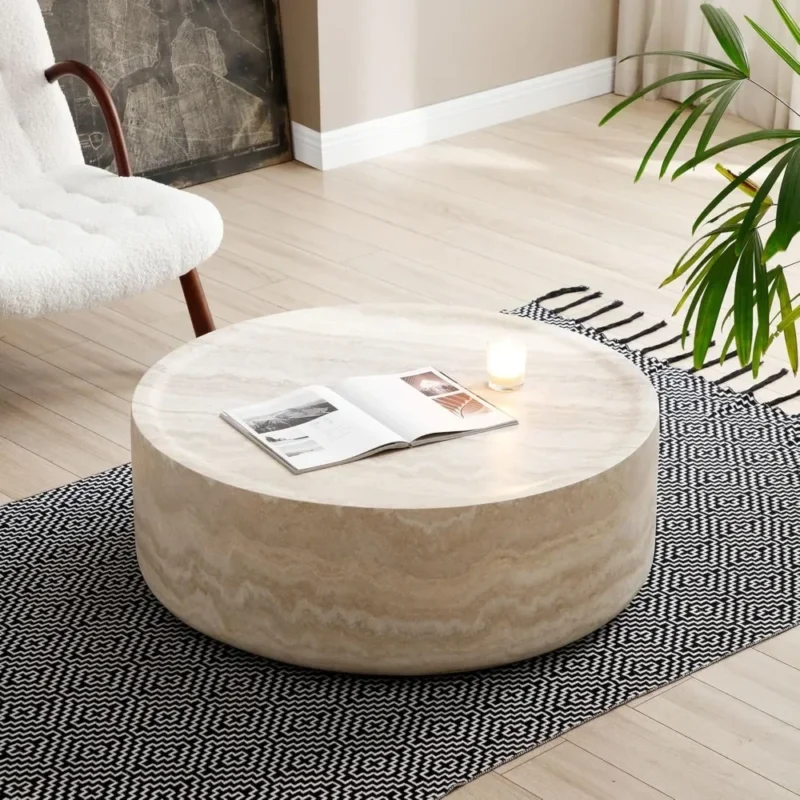 Round Faux Travertine Mid-Century Modern Coffee Table with Fiberglass Base - Image 3