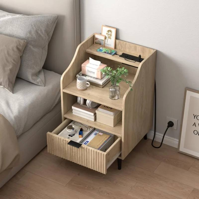 Fluted Wood Nightstand with Charging Station and Storage Drawer - Image 5