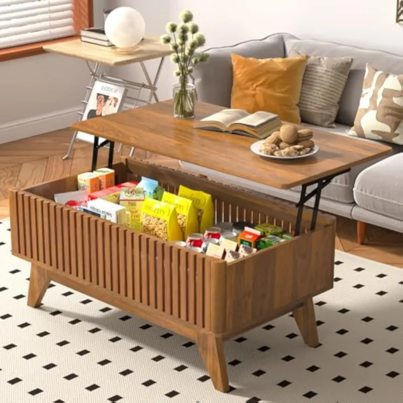 Fluted Lift Top Mid-Century Modern Coffee Table with Hidden Storage - Image 6