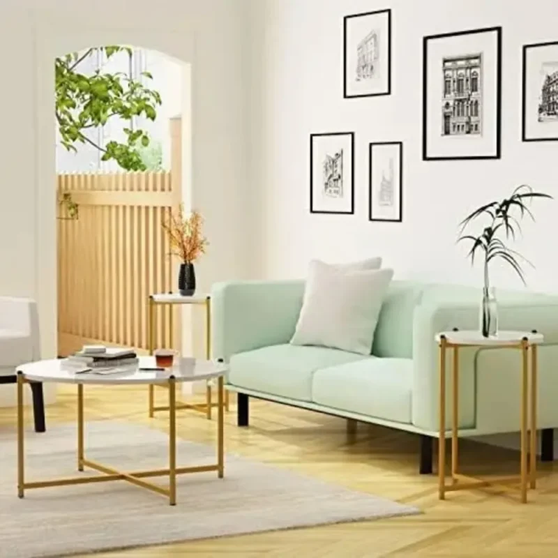 Round Faux Marble 3-Piece Mid-Century Modern Coffee Table Set with Metal Frame - Image 2