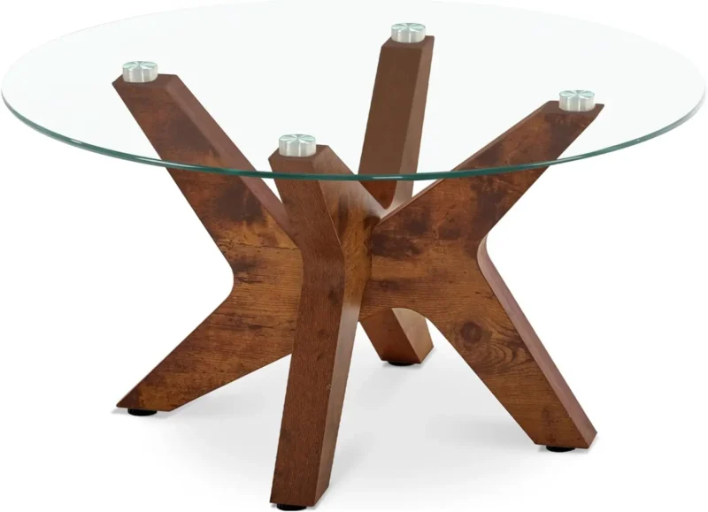 Round Tempered Glass Mid-Century Modern Coffee Table with Wooden Base - Image 7