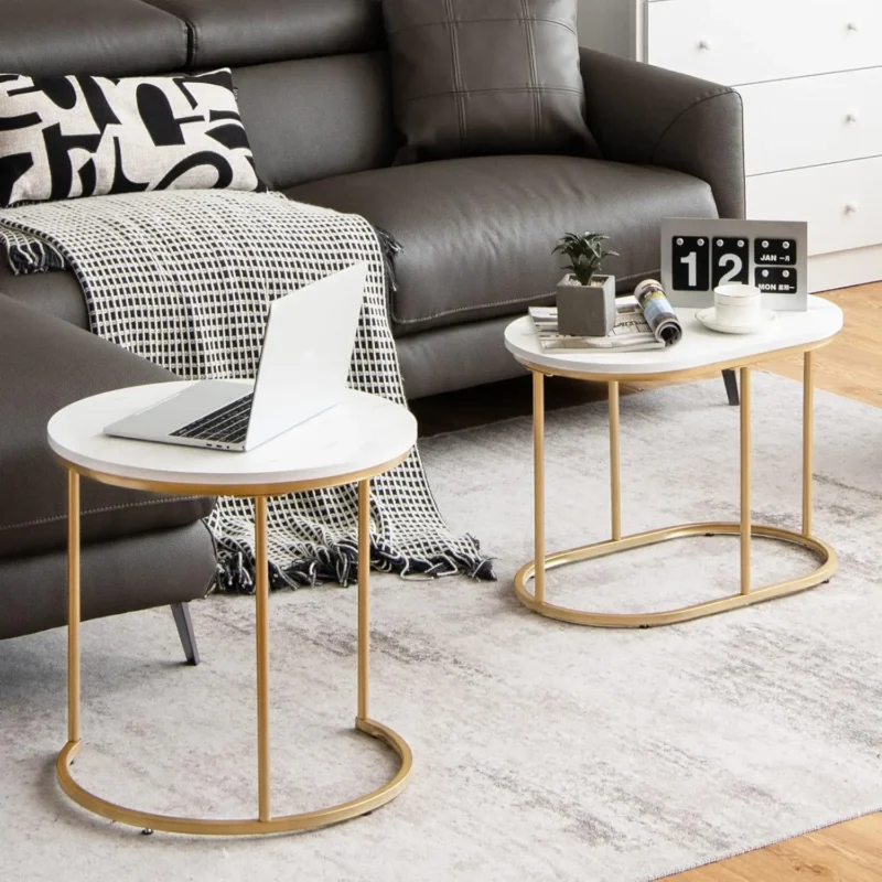Nesting Coffee Table Set of 2 Modern Gold Frame Mid-Century Modern Tables