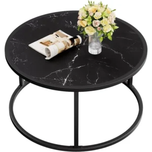 Round Black Marble Mid-Century Modern Coffee Table with Metal Base