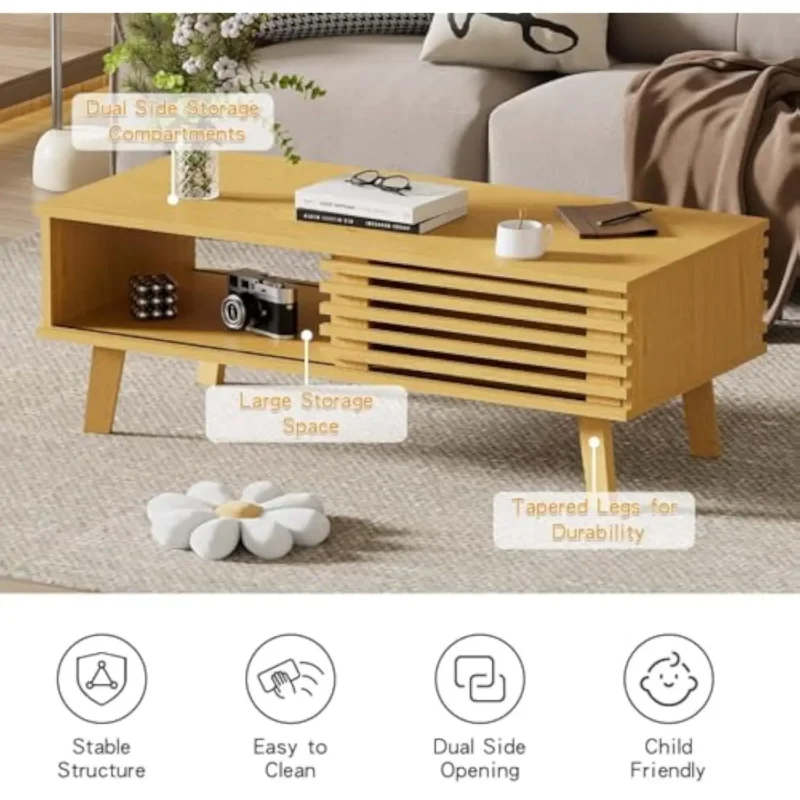 Rectangular Oak Mid-Century Modern Coffee Table with Storage Door - Image 5
