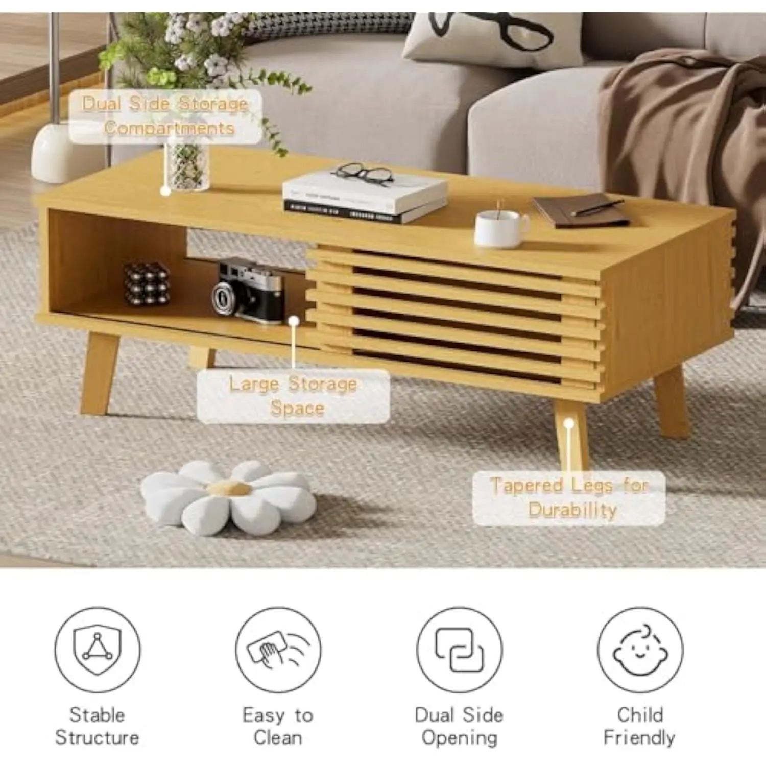 Teak coffee table showcasing different grain patterns across various furniture elements